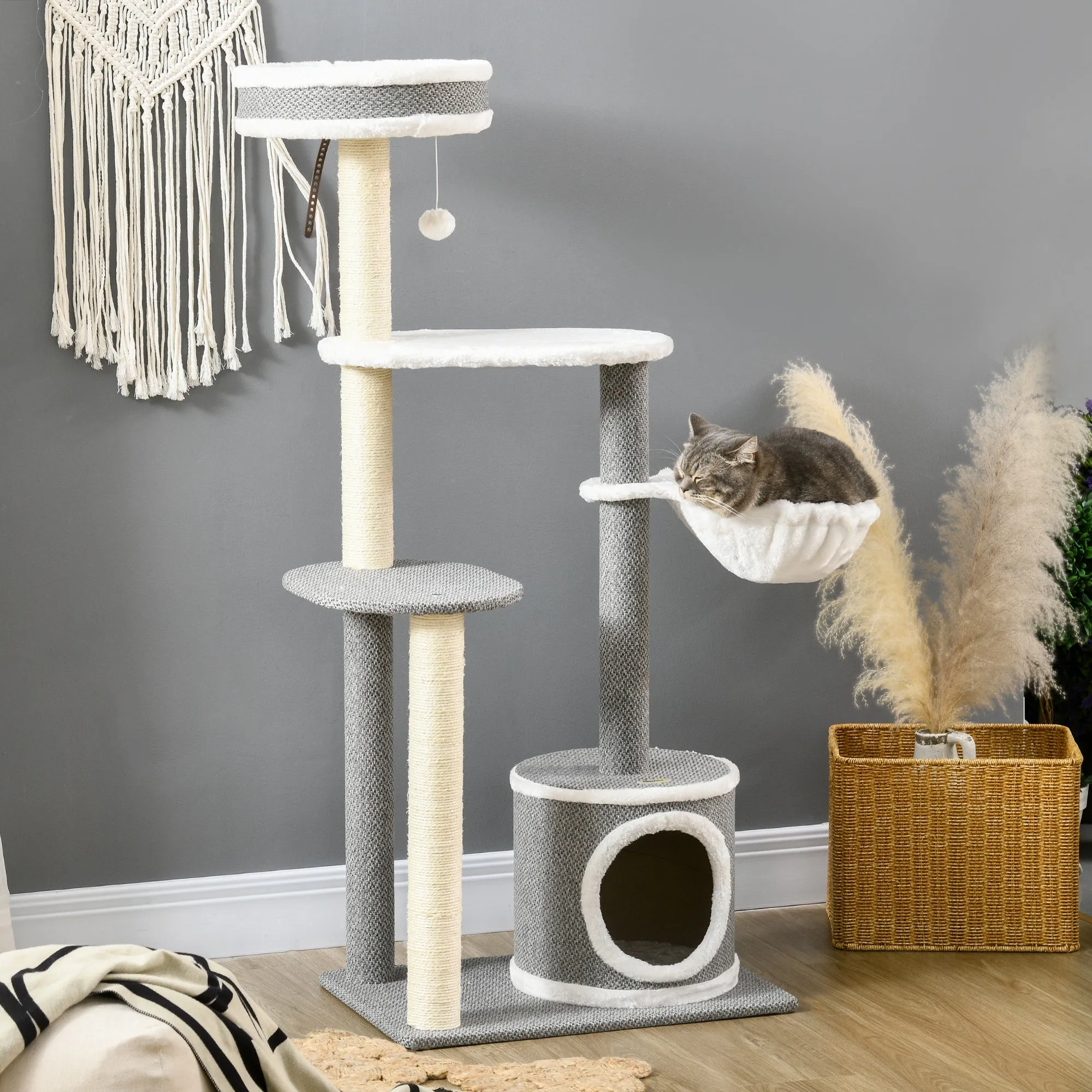 PawHut 132cm Cat Tree with Scratching Post, Bed, Hammock, House, Platforms
