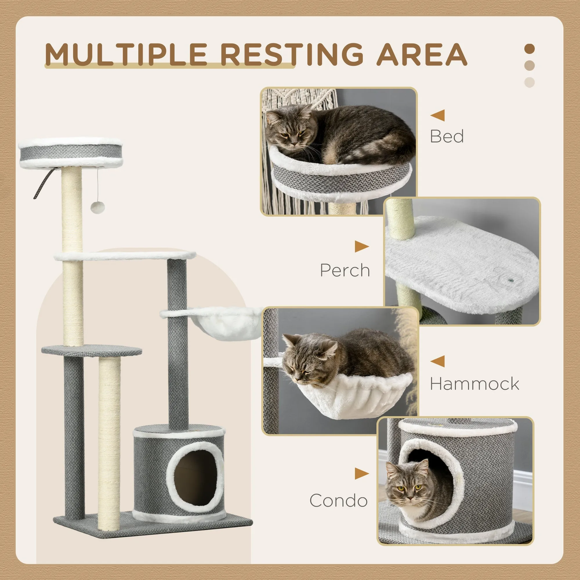 PawHut 132cm Cat Tree with Scratching Post, Bed, Hammock, House, Platforms