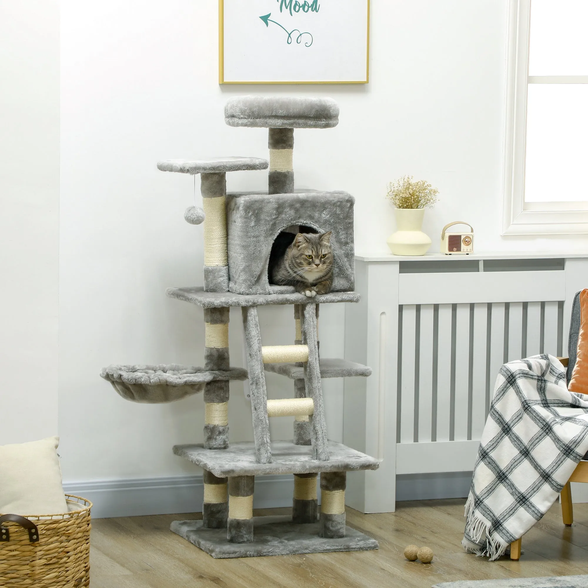 PawHut 132cm Multi-Activity Cat Tree w/ House, Bed, Ladder, Scratch Post - Grey
