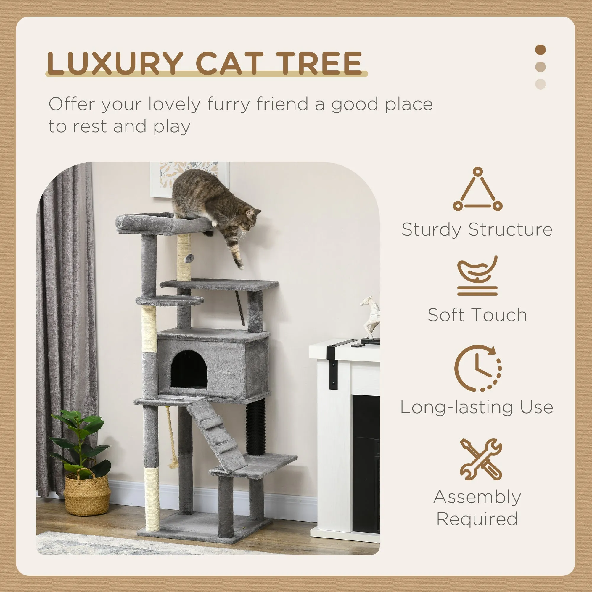 PawHut Cat Tree Tower for Indoor Cats with Scratching Post, House, Toy, Grey