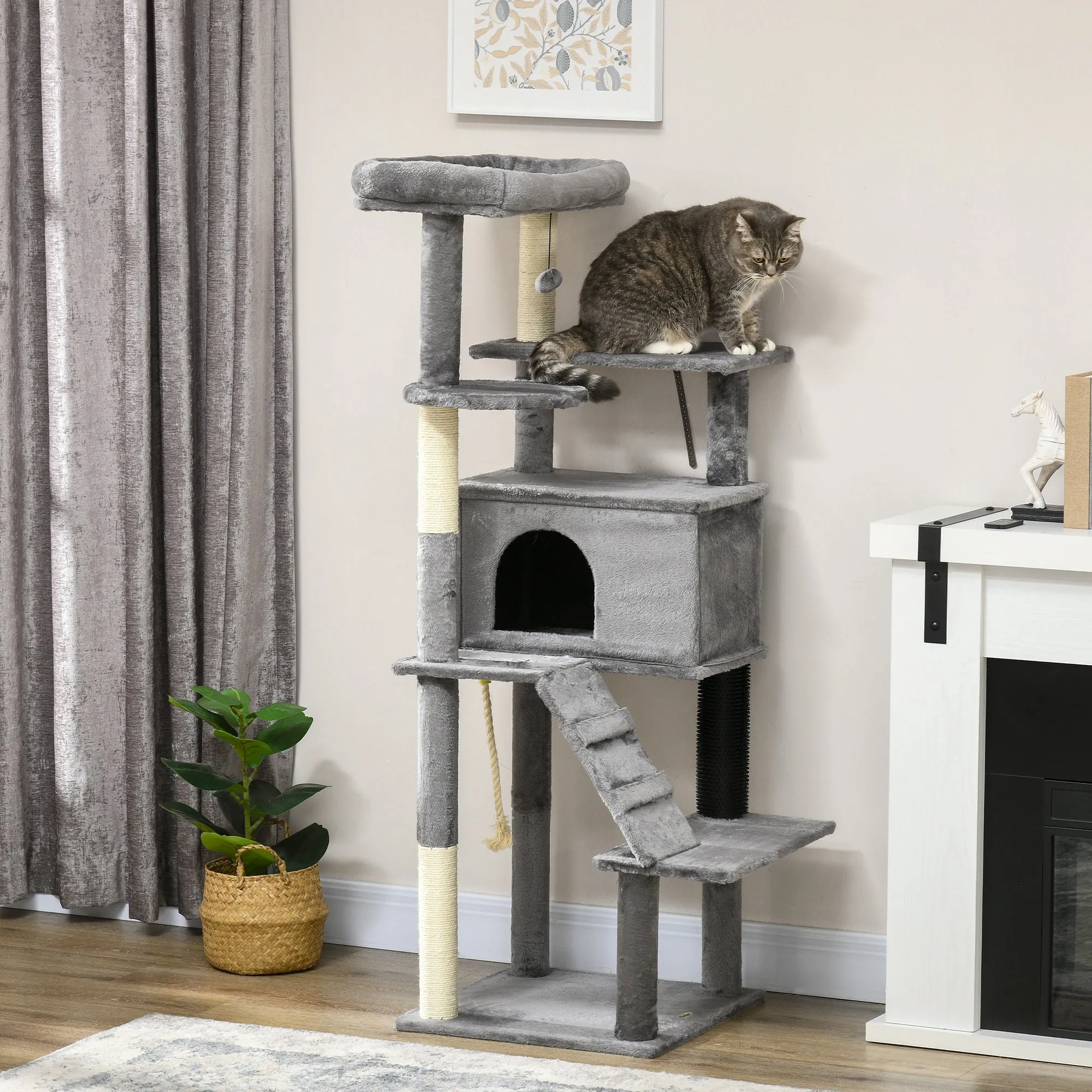 PawHut Cat Tree Tower for Indoor Cats with Scratching Post, House, Toy, Grey